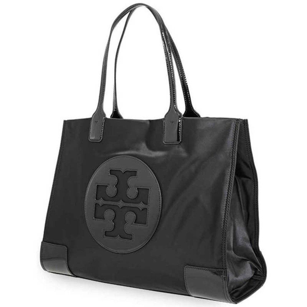 TORY BURCH Ella Patent Leather Trim Studded Tote Bag Black Expandable Large Logo